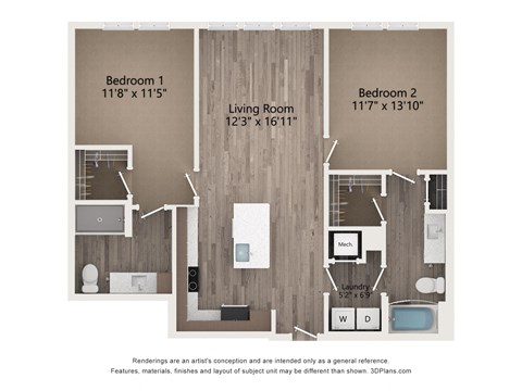 Floor plan for 2 beds, 2 baths, 1100 sqft